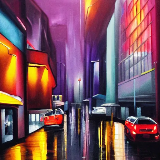 Image similar to city streetscape, dark road with cars, people at night, tall buildings with shops below at street level, neon lights above shops, headlights and stop lights illuminating surroudings, raining, very dark lighting, abstract oil painting