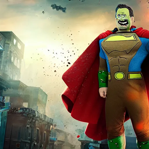 Image similar to pickle rick as superman! flying in ( gears of war ), splash art, movie still, detailed face, photorealistic facial features, cinematic lighting, dramatic, octane render, long lens, shallow depth of field, bokeh, anamorphic lens flare, 8 k, hyper detailed, 3 5 mm film grain