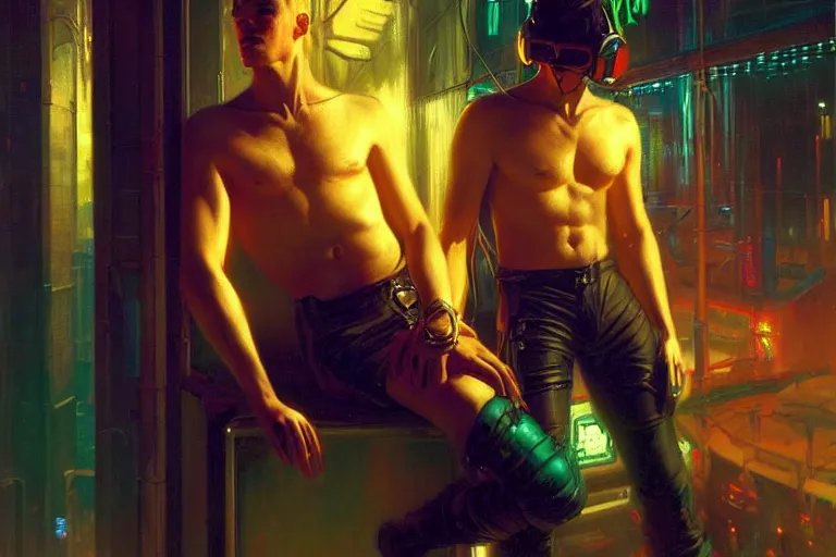 Image similar to cyberpunk style, attractive male, neon lights, painting by gaston bussiere, craig mullins, j. c. leyendecker, tom of finland