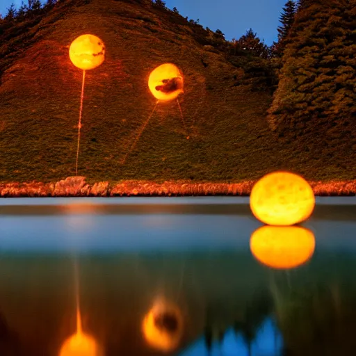 Image similar to glowing orbs over a lake in the night, wet rocks