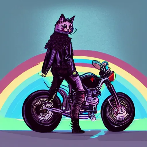 Image similar to wide angle full body, jacket wearing fluffy cute rainbow kitten wearing a black leather motorcycle jacket, cinematic concept art