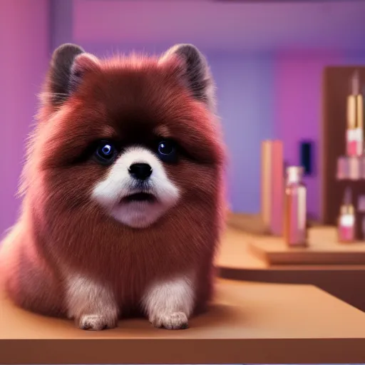 Image similar to a highly detailed digital painting of a fluffy antropomorphic pomeranian that works on a perfume shop, trending on artstation, octane render, 4 k, unreal 5