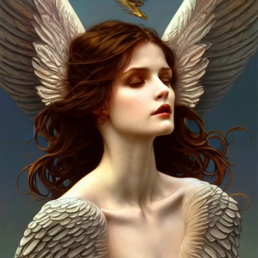 Image similar to Winged girl angel, face, fantasy, intricate, elegant, dramatic lighting, highly detailed, lifelike, photorealistic, digital painting, artstation, concept art, smooth, sharp focus, illustration, art by John Collier and Krenz Cushart and Artem Demura and Alphonse Mucha and and Albert Aublet