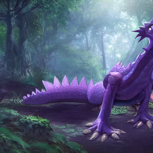 Image similar to concept art painting of an anthropomorphic purple humanoid bipedal dragon, in the deep forest, realistic, detailed, cel shaded, in the style of makoto shinkai and greg rutkowski and james gurney