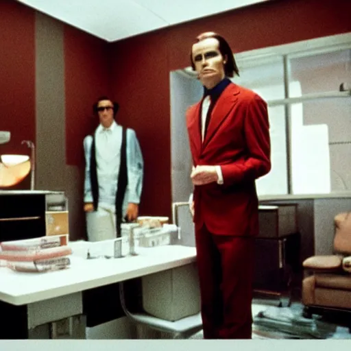 Image similar to the american psycho by wes anderson, cinematic still