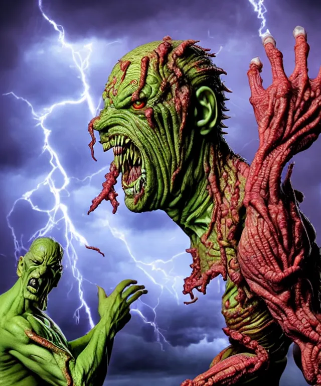 Image similar to hyperrealistic rendering, epic boss battle, cronenberg flesh monster overlord, by art of skinner and richard corben, product photography, collectible action figure, sofubi, hottoys, storm clouds, outside, lightning