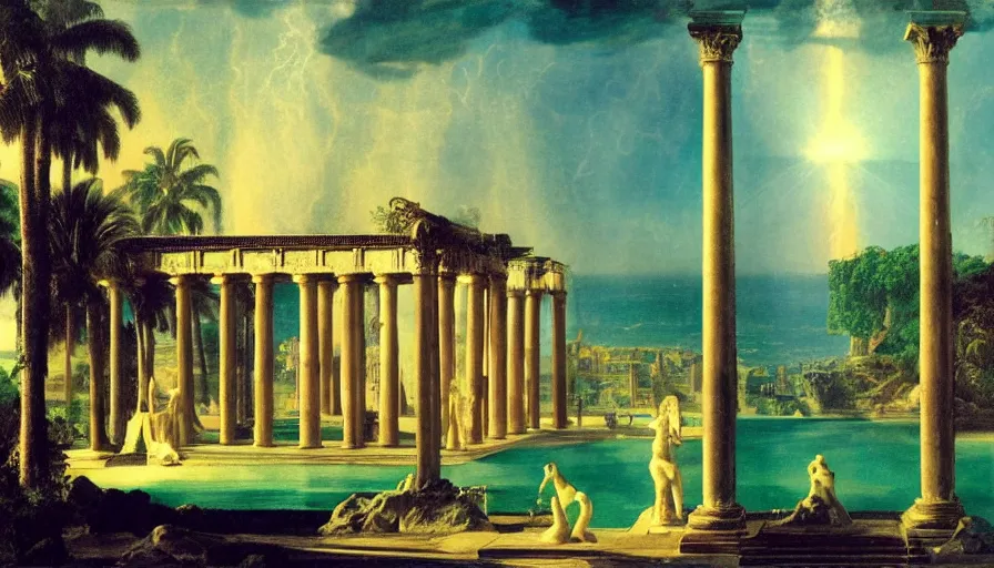 Image similar to Palace of the occult, mediterranean balustrade and columns, refracted sparkles, thunderstorm, greek pool, beach and Tropical vegetation on the background major arcana sky and occult symbols, by paul delaroche, hyperrealistic 4k uhd, award-winning, very detailed paradise