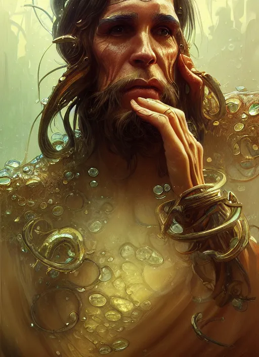 Image similar to portrait of davy jones, d & d, wet, shiny, fantasy, intricate, elegant, highly detailed, digital painting, artstation, concept art, smooth, sharp focus, illustration, art by artgerm and greg rutkowski and alphonse mucha