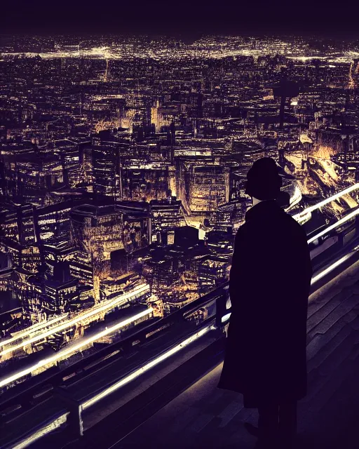 Prompt: a photorealistic night rooftop scene by Liam Wong, neon lights in the city below, close up shot of a photorealistic gangster wearing a trench coat looking at the city below, dark mood, octane render, unreal engine, raytracing