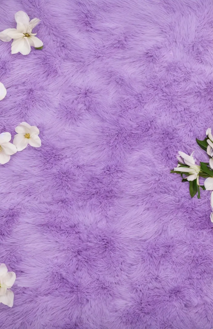 Prompt: light and clean soft cozy background image with soft, light - purple flowers laying on a white soft fuzzy blanket, dreamy lighting, background, cottagecore, photorealistic, backdrop for obituary text