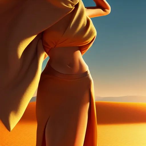 Image similar to innovative avant-garde art, deco fashion, asian women, highly detailed, photorealistic portrait, serene desert setting, golden hour, crisp quality and light reflections, unreal engine 5 quality render