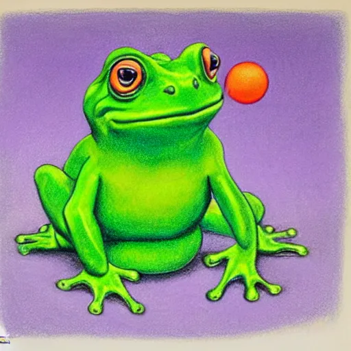 Prompt: zuma frog shooting balls from its mouth, with a colored ball on its back, surrealist pastel drawing