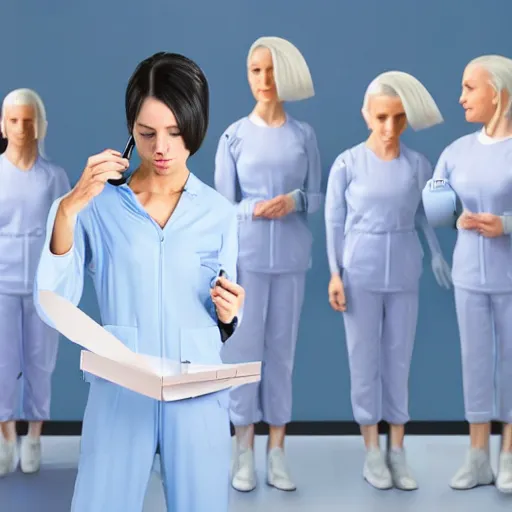 Image similar to troop of very short cloned women with white bob hairdos, tight light blue and lavender jumpsuits, standing next to tall scientist looking at a clipboard, futuristic cloning facility, sci - fi, highly detailed, cinematic