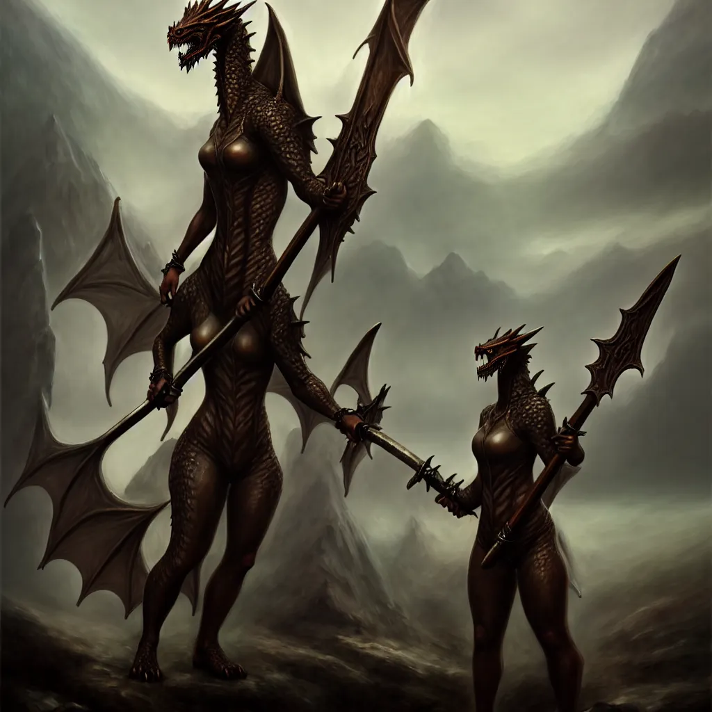 Image similar to anthromorphic dragon female wearing leather holding greataxe, detailed matte painting, oil on canvas, atmospheric, field of depth, fantasy, grim, dark, trending on artstation