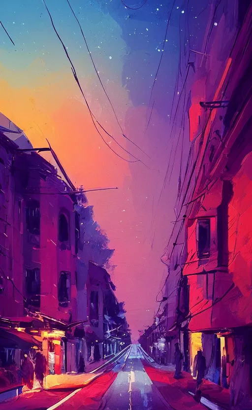 Image similar to a beautiful illustration of a street at sunset, art of alena aenami, featured on artstation, vertical orientation, paint brush strokes, expressionism, brushstroke - laden, purple hue, breathtaking clouds, traffic lights, wet concrete, beauttiful stars, cables, long exposure
