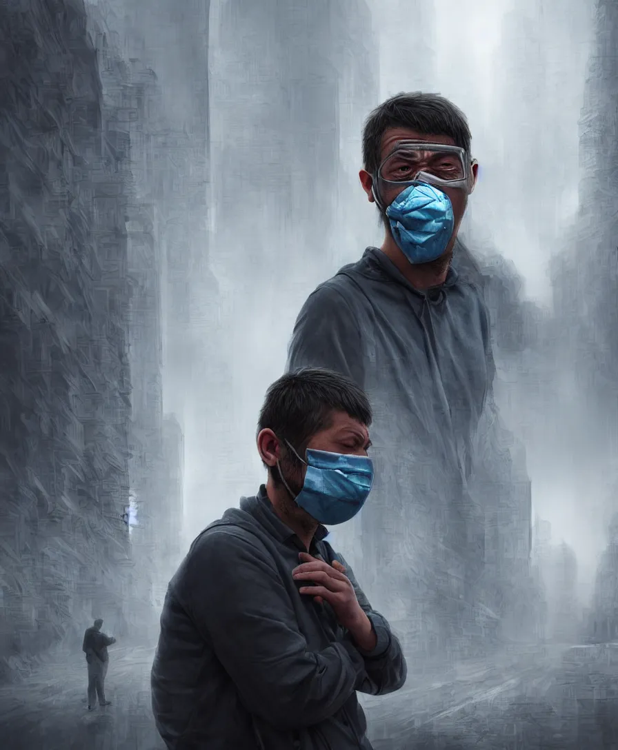 Prompt: detailed digital painting of man kind suffering due to high air pollution in future, people are wearing masks, wide angle shot, in the style of greg rutwoski, very hyper realistic, highly detailed, fantasy art station