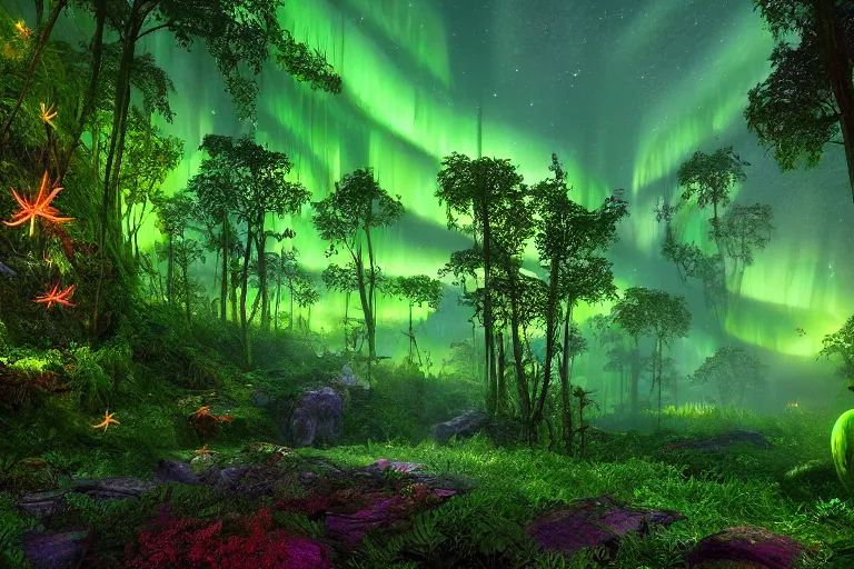 Image similar to beautifully detailed painting of a dreamy psychedelic rainforest with fireflies and fairies and an aurora borealis, and moss rendered in unreal engine 5