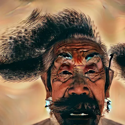 Image similar to mysterious floating old asian man with beard, full face silver occult mask, glowing eyes, wearing a great fractal wooden stick, smoke around him, in the dry rock desert, cinematic shot, wide angle, desert background, volumetric lighting, award winning photography, 8k, in the style of David Lynch, Alejandro Jodorowsky and Gaspar Noe