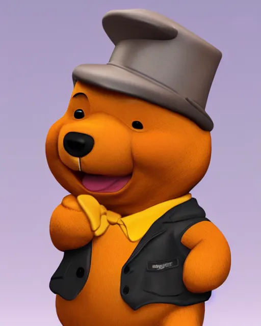 Image similar to full body 3d render of angry winnie-the-pooh wearing a suit as a funko pop, studio lighting, white background, blender, trending on artstation, 8k, highly detailed