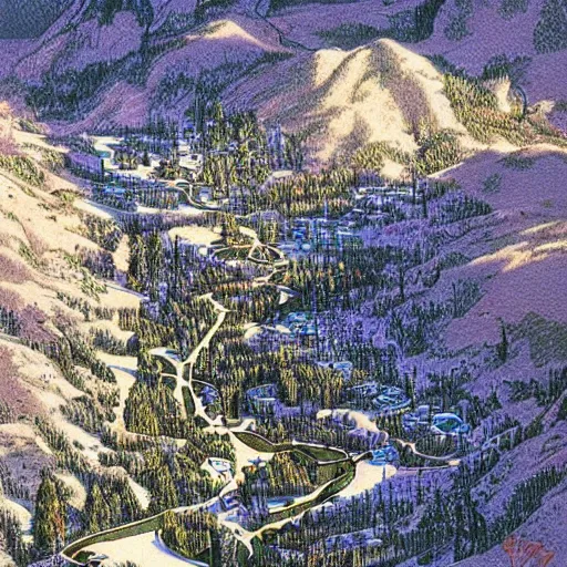 Image similar to An aerial view of a narrow valley, winter time, dark pine trees, a small village, a tall castle guarding one end, fantasy style, Dungeons and Dragons, art by Moebius, art by James Gurney, hyper detailed, high quality