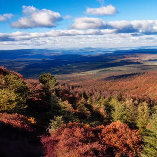Image similar to autumnal view from the top of a scottish mountain with heather, pine forests, blue skies, rivers and cirrus clouds