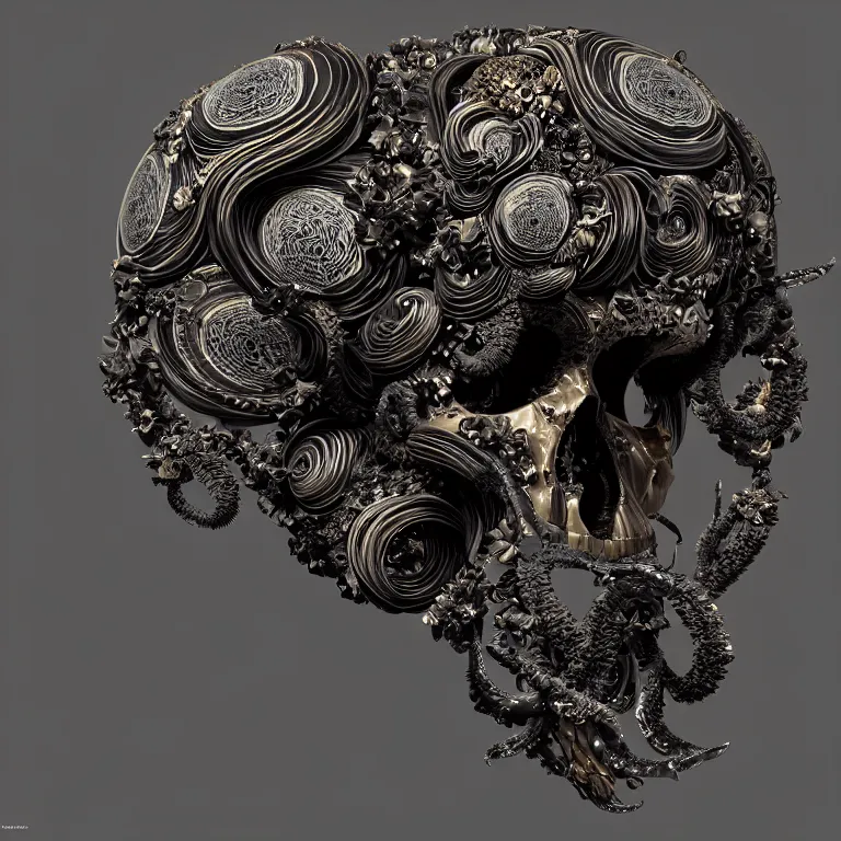 Image similar to black background. absolutely symmetrical sculpture. centered. goddess princess face close-up portrait ram skull. sculpture made of gold and black charcoal. jellyfish phoenix head, nautilus, orchid, skull, betta fish, bioluminiscent creatures, intricate artwork by Tooth Wu and wlop and beeple. octane render, trending on artstation, greg rutkowski very coherent symmetrical artwork. cinematic, hyper realism, high detail, octane render, 8k