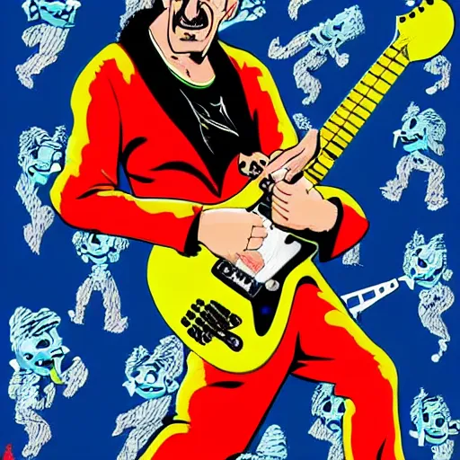 Image similar to Barry Chuckle Shredding on an electric guitar in the style of Jason Edmiston and Gary Panter