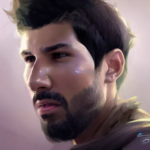 Image similar to portrait of sergio aguero with almost no beard by greg rutkowski, young, attractive, highly detailed portrait, scifi, digital painting, artstation, concept art, smooth, sharp foccus ilustration, artstation hq