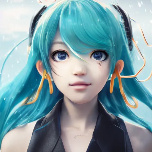 Image similar to Beautiful hatsune miku in real life, face centered portrait, Confident, fog, rain, volumetric lighting, beautiful, golden hour, sharp focus, ultra detailed, cgsociety by Leesha Hannigan, Ross Tran, Thierry Doizon, Kai Carpenter,Ignacio Fernández Ríos