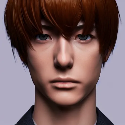 Image similar to a photorealistic 3 d render of light yagami, portrait!!, trending on artstation, 4 k quality, 4 k 3 d render