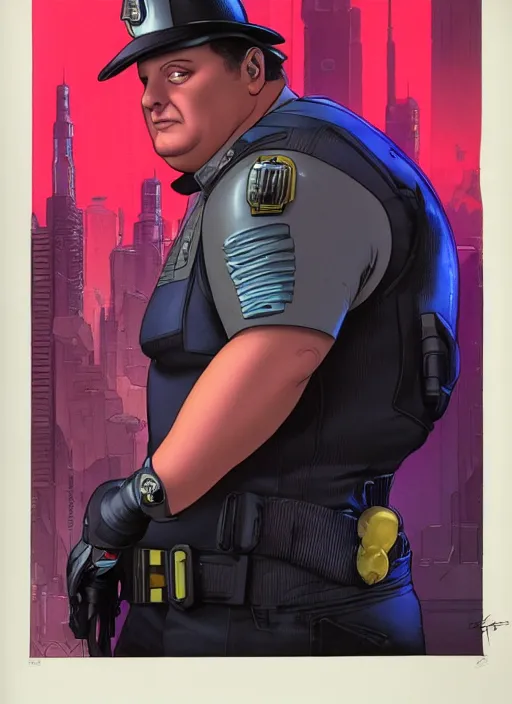 Image similar to cyberpunk paul blart mall cop. portrait by mœbius and will eisner and gil elvgren and pixar. realistic proportions. cyberpunk 2 0 7 7, apex, blade runner 2 0 4 9 concept art. cel shading. attractive face. thick lines.