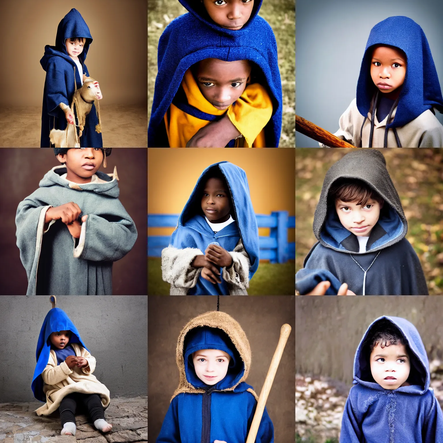 Prompt: black child dressed as shepherd for a nativity play, blue hooded cloak, shepherd's crook, candid photo, indoors, mm, iso, trending