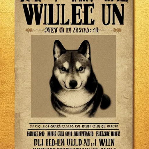 Prompt: shiba inu wanted poster old timey wild west, sepia photo curling paper