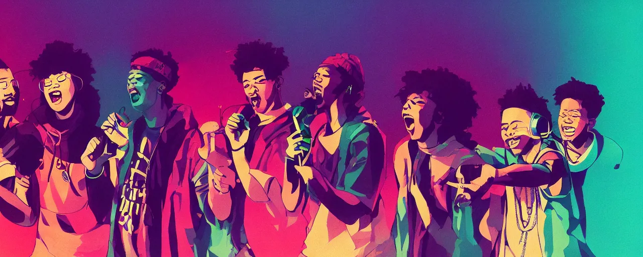 Prompt: four friends rapping with microphone in living room, epic pose, silhouetted, distinct, multiracial!!!!!, diverse representation, digital art, vaporwave, psychedelic, surreal, hip hop, trending on Artstation, professional artist, detailed, 4k