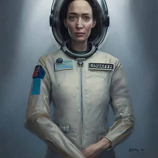 Prompt: portrait of a woman by greg rutkowski, emily blunt as an space engineer, she is about 4 0 years old, wearing a utilitarian jumpsuit, highly detailed portrait, digital painting, artstation, concept art, smooth, sharp foccus ilustration, artstation hq
