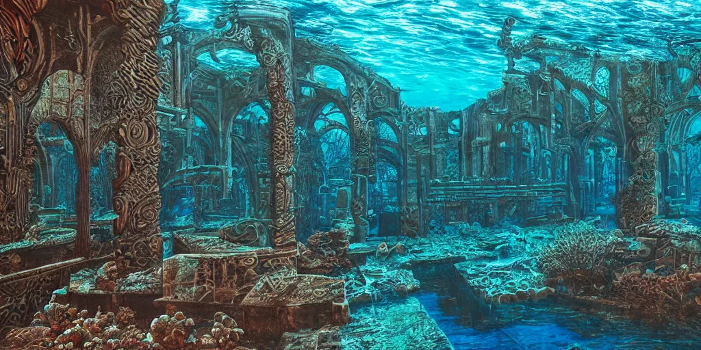 Image similar to mc donald's ruins underwater, wide shot, intricate details, caustics