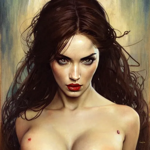 Image similar to half length portrait of a woman who is a mix of ana de armas and megan fox, seduction spell, d & d, medieval, fantasy, royo, klimt, miro, vallejo, frazetta, alphonse mucha, greg rutkowski, whealan