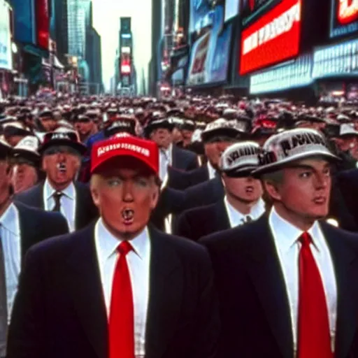 Image similar to still of donald trump clones invading time square, wearing maga hats, in american psycho ( 1 9 9 9 )