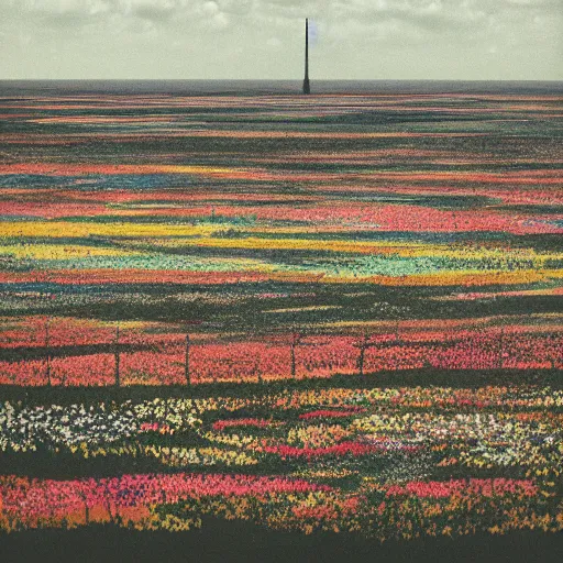 Image similar to very intrincated and ominous tall black column stands in the middle of an infinite plain covered with colorful flowers