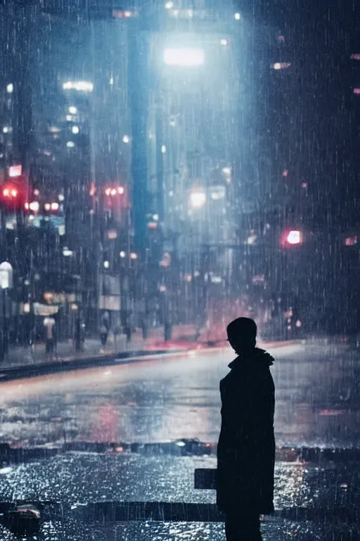 Prompt: a heartless and lonely man, in the middle of a street of a big city, at night, rain and city lights