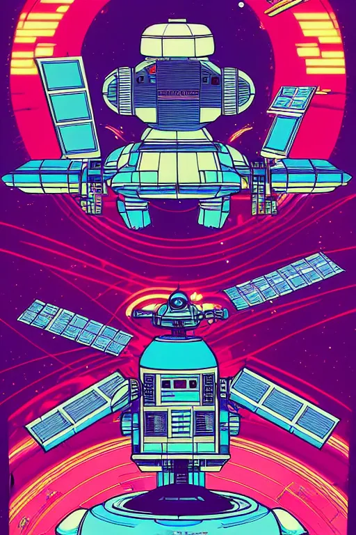 Image similar to drawing of an 8 0 s art deco international space station filled with electronic equipment, japanese gundam mech, robots, led screens, droids, a detailed comic panel by kilian eng, moebius, featured on deviantart, psychedelic art, psychedelic, dmt
