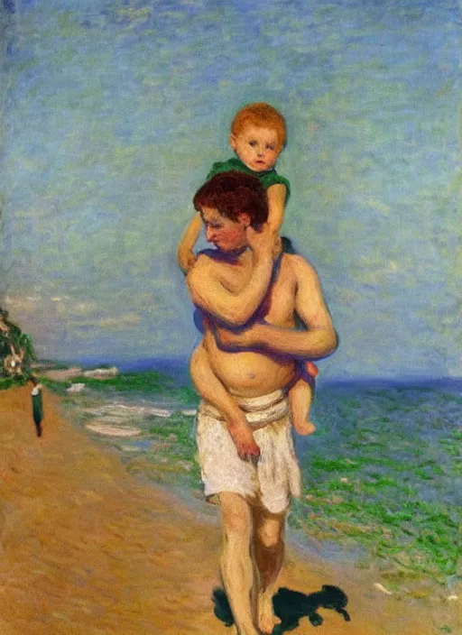 Image similar to a clothed man carrying his child over his shoulders walking near the beach, anatomically correct, painting by monet, masterpiece