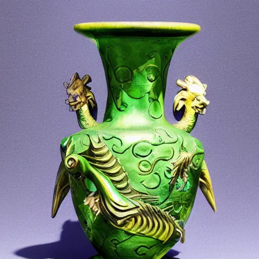 Prompt: vase in the shape of a dragon with green accents designed by leonardo da vinci