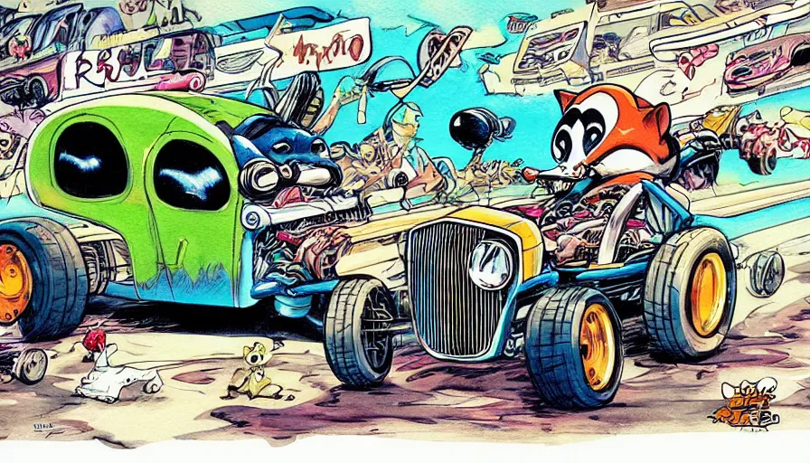 Image similar to funny, comic book style, racoon riding in a tiny hot rod coupe with oversized engine, ratfink style by ed roth, centered award winning watercolor pen illustration, by chihiro iwasaki, edited by range murata