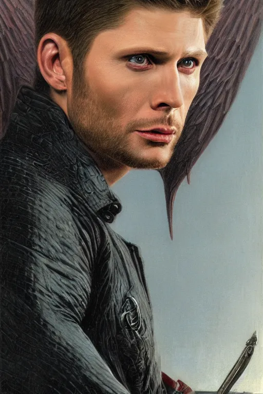 Image similar to a detailed matte portrait of an jensen ackles dressed as the vampire angel from buffy the vampire slayer, masterpiece, 8 k, art by donato giancola and greg rutkowski and wayne barlow and zdzisław beksinski