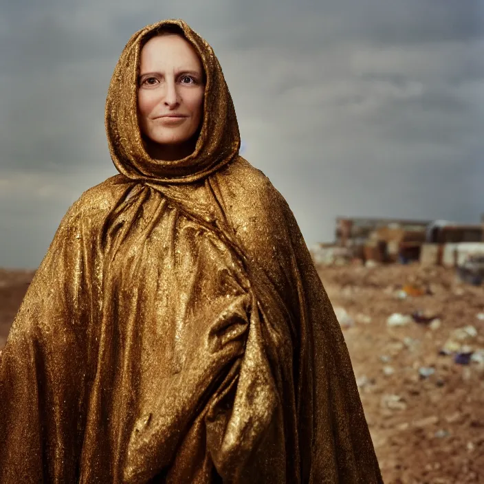 Image similar to closeup portrait of a woman wearing a cloak made of gold, standing in a landfill, by Annie Leibovitz and Steve McCurry, natural light, detailed face, CANON Eos C300, ƒ1.8, 35mm, 8K, medium-format print