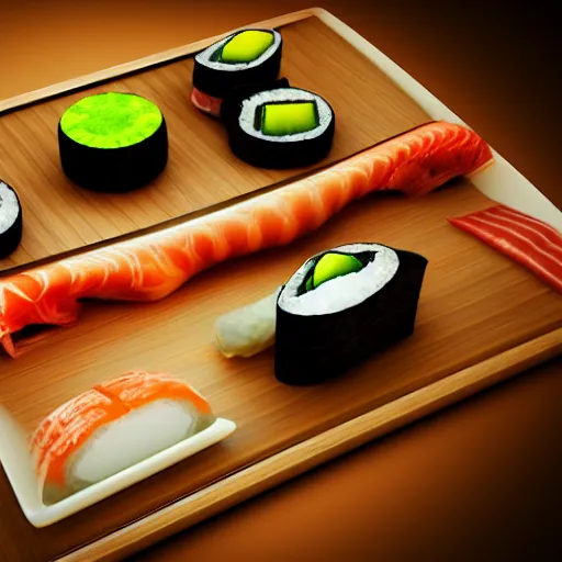 Prompt: alien sushi and sashimi, photorealistic, photo art, raytracing global illumination, award - winning photography, trend on artstation