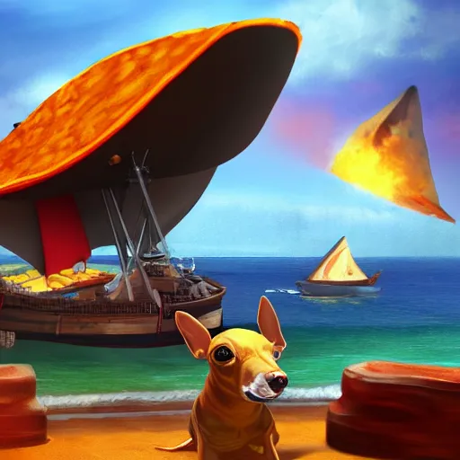 Prompt: a giant taco sails across the ocean and the taco bell chihuahua is the captain, high detail, 8 k, fantasy art, artstation,