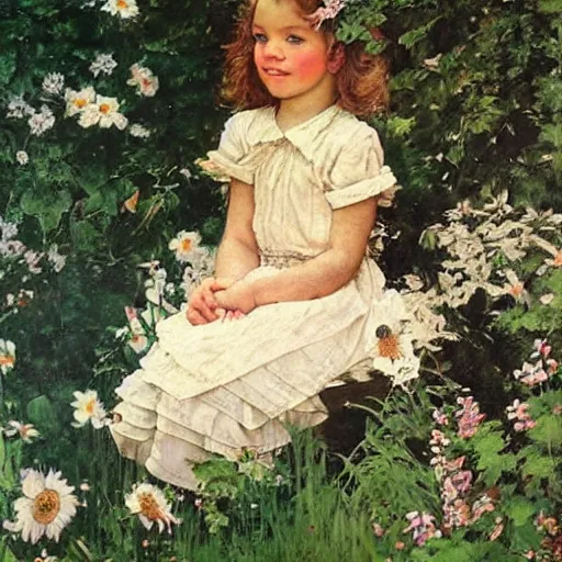 Prompt: a little girl with wavy light brown hair and blue eyes in a beautiful garden. beautiful painting by norman rockwell and raymond swanland, beautiful detailed face.