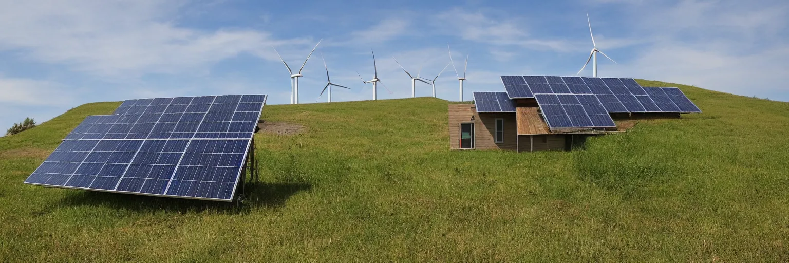 Prompt: a small home nestled on farmland with solar panels and a wind turbine